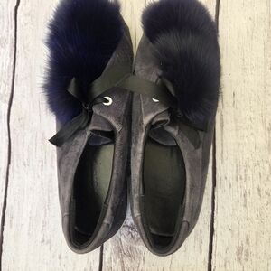HERE / NOW Grey Suede Pom Pom Sneakers - Navy Fur - Size 38